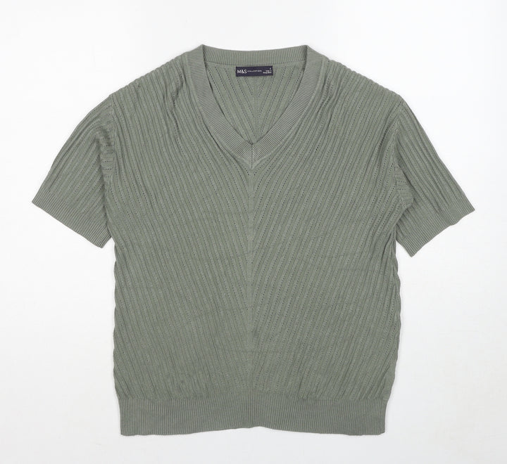 Marks and Spencer Womens Green Viscose Basic T-Shirt Size S V-Neck