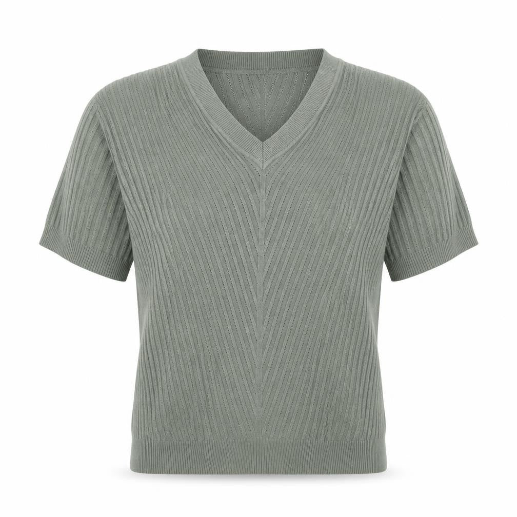 Front view of Marks & Spencer women’s green viscose basic t-shirt, size S, v-neck