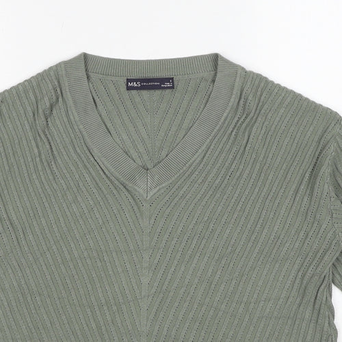 Marks and Spencer Womens Green Viscose Basic T-Shirt Size S V-Neck