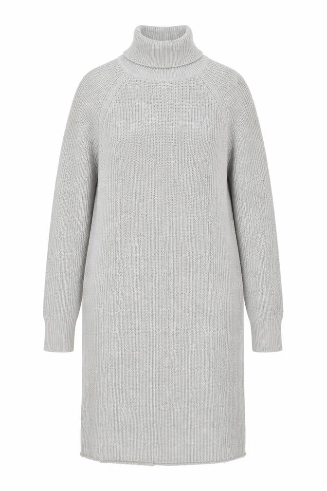 Front view of PRETTYLITTLETHING women’s grey acrylic jumper dress, size XS, roll neck pullover