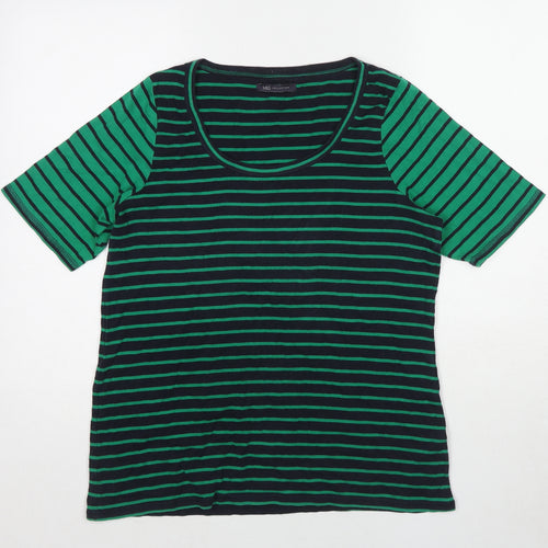 Marks and Spencer Womens Green Striped Cotton Basic T-Shirt Size 20 Round Neck