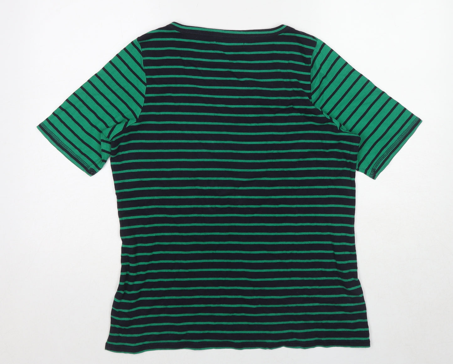 Marks and Spencer Womens Green Striped Cotton Basic T-Shirt Size 20 Round Neck