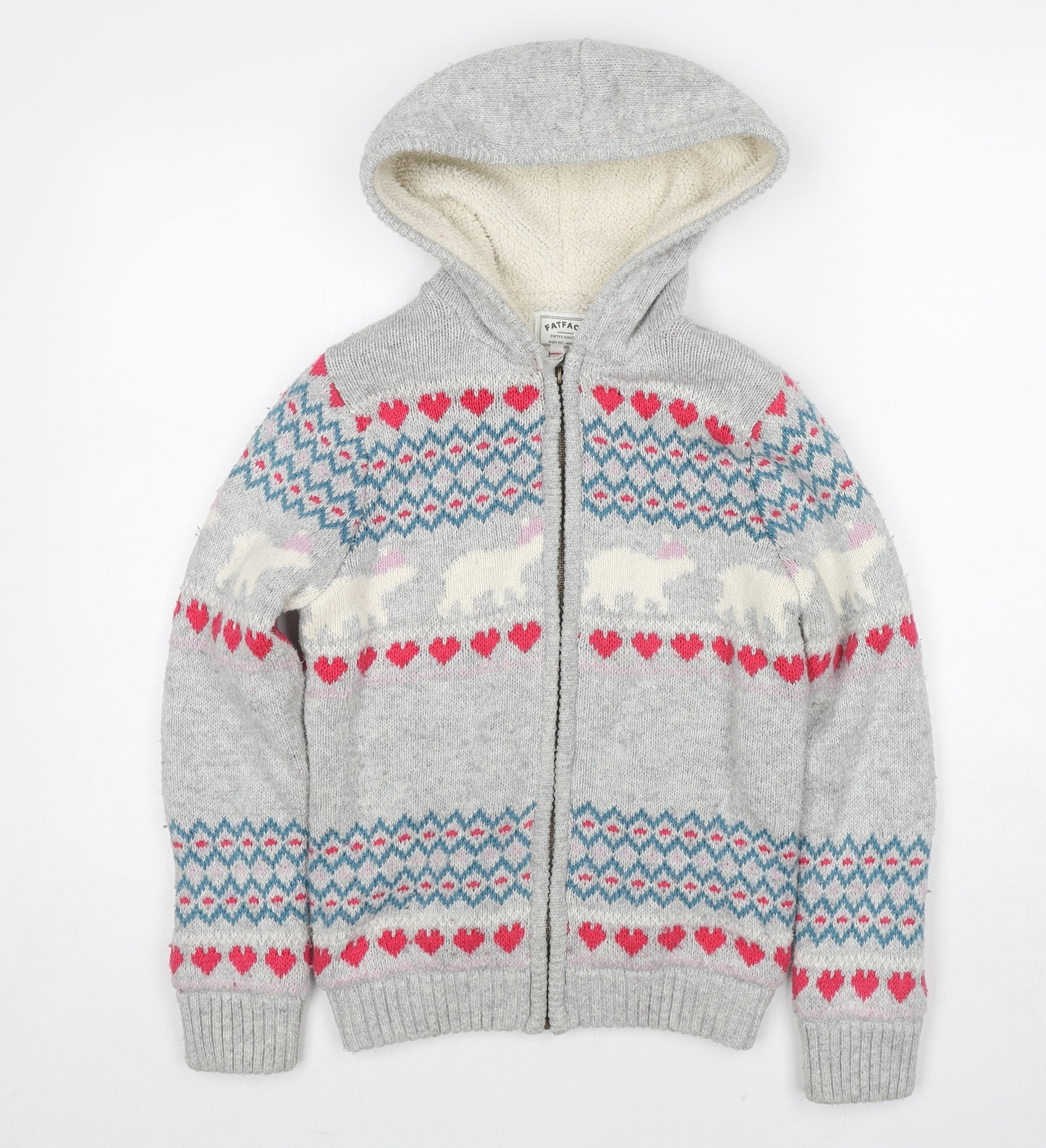 Fat Face Girls Grey Fair Isle Cotton Full Zip Hoodie Size 10-11 Years Zip