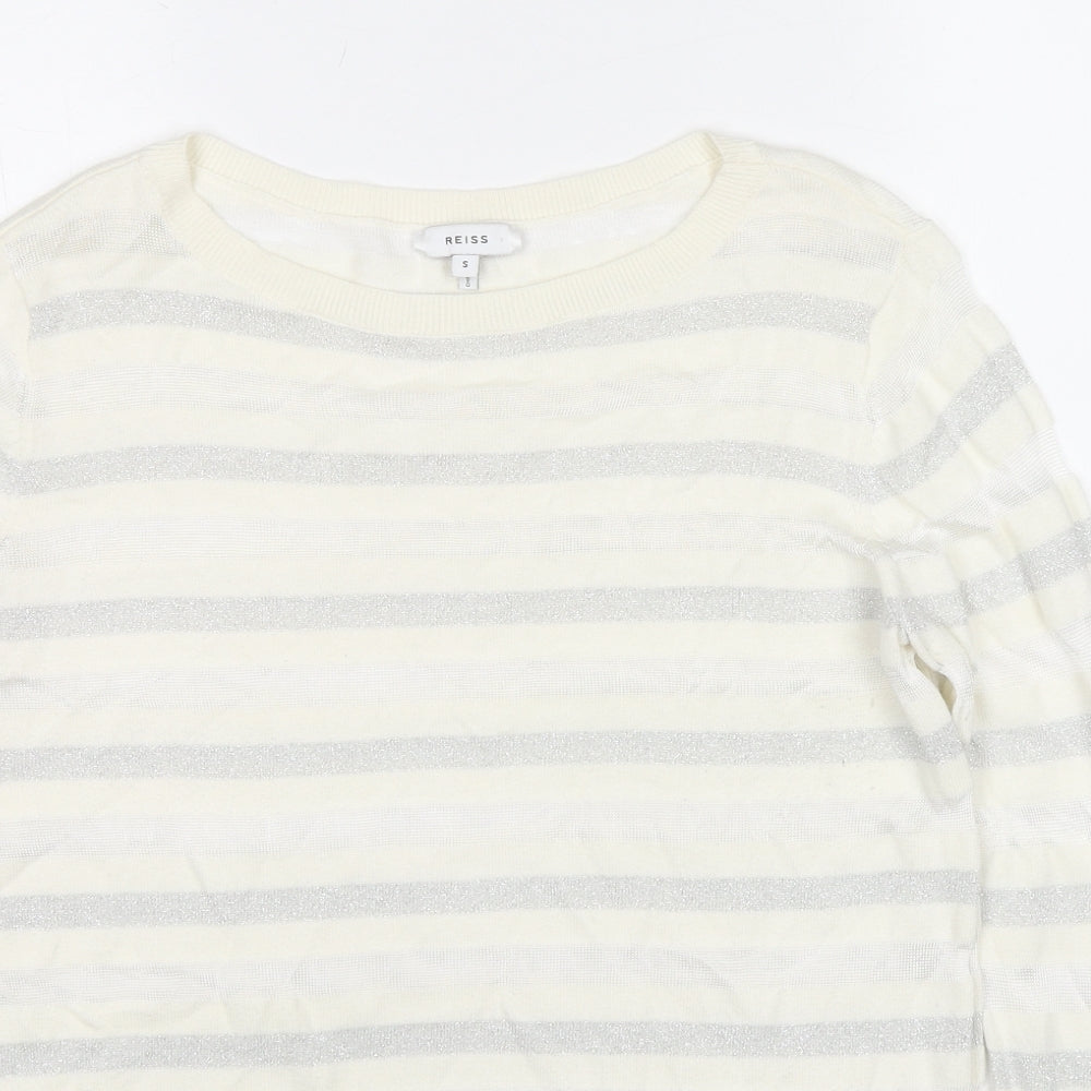 Reiss Womens Ivory Round Neck Striped Cotton Pullover Jumper Size S