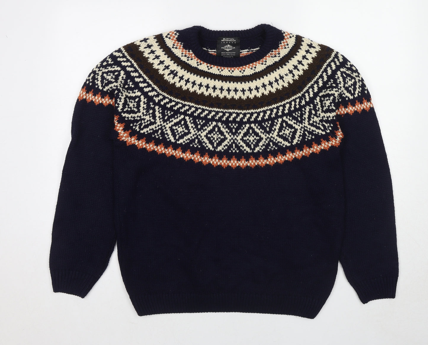 Burton Mens Blue Round Neck Geometric Acrylic Pullover Jumper Size M Long Sleeve