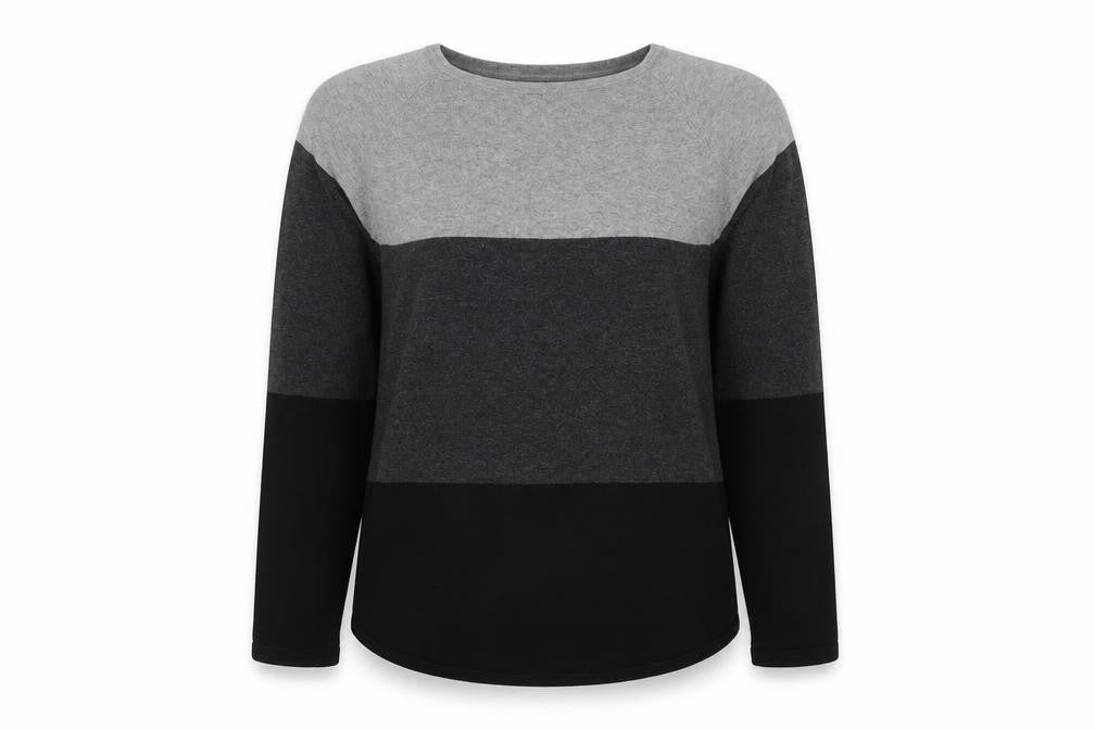 Front view of Jeanne Pierre women’s multicoloured round neck cotton jumper, size L, - colourblock