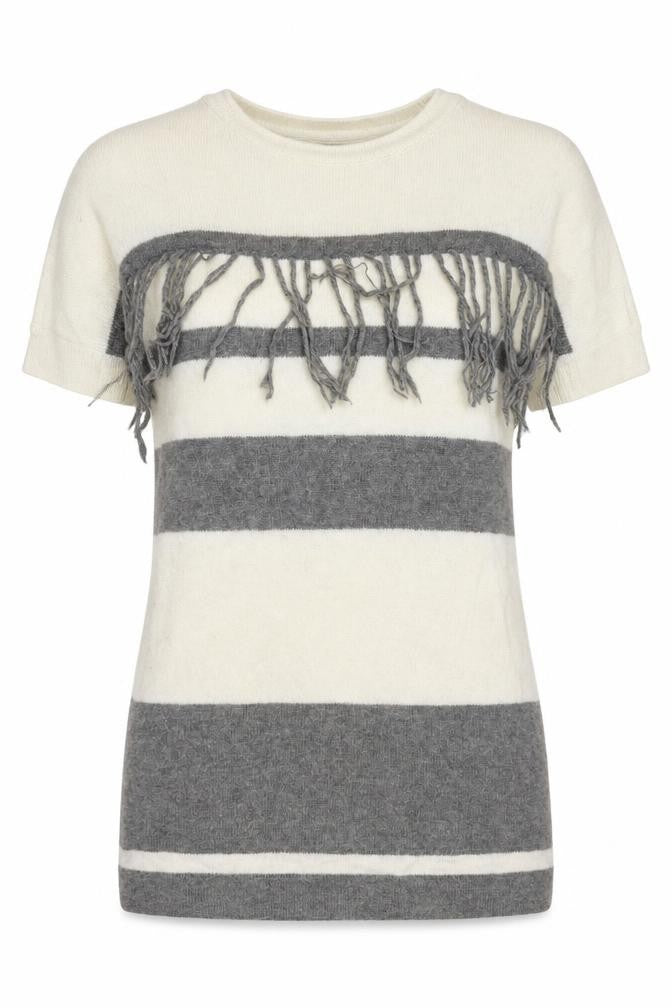 Front view of French Connection women’s ivory round neck striped wool jumper, size S