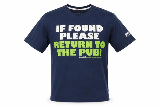 Front view of Sleezeball men’s blue cotton t-shirt, size S, round neck - if found please return to the pub