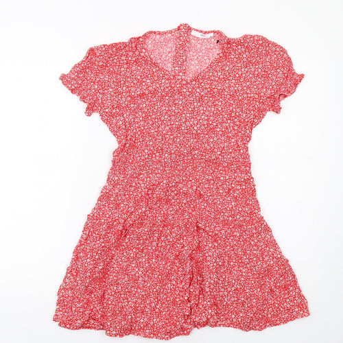 Marks and Spencer Girls Red Floral Viscose Fit & Flare Size 11-12 Years V-Neck Zip