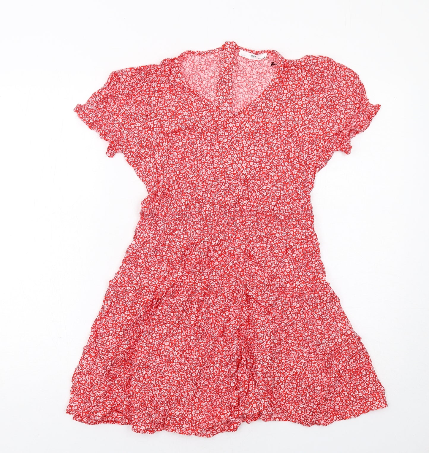 Marks and Spencer Girls Red Floral Viscose Fit & Flare Size 11-12 Years V-Neck Zip