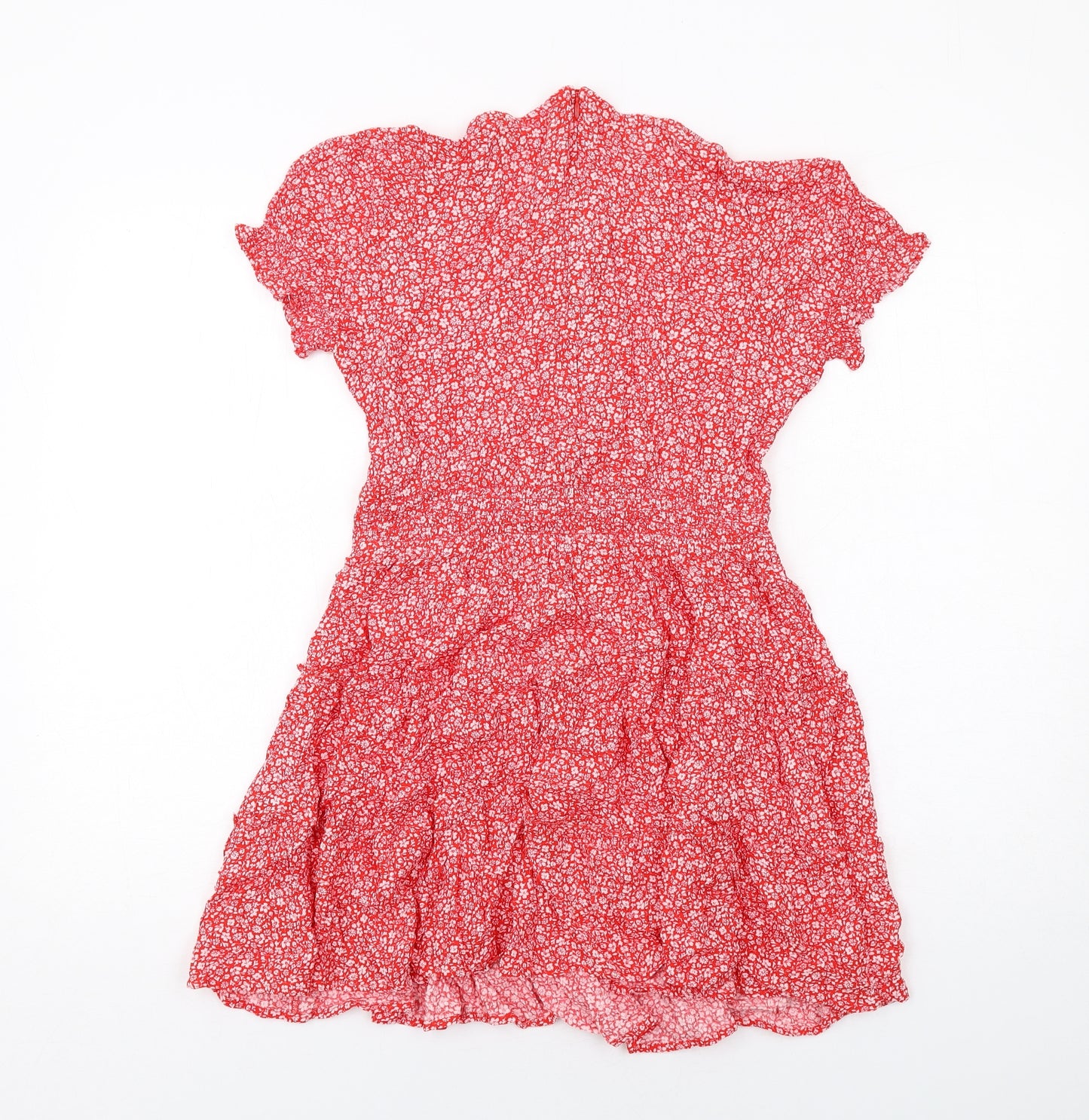 Marks and Spencer Girls Red Floral Viscose Fit & Flare Size 11-12 Years V-Neck Zip