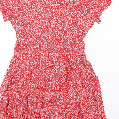 Marks and Spencer Girls Red Floral Viscose Fit & Flare Size 11-12 Years V-Neck Zip