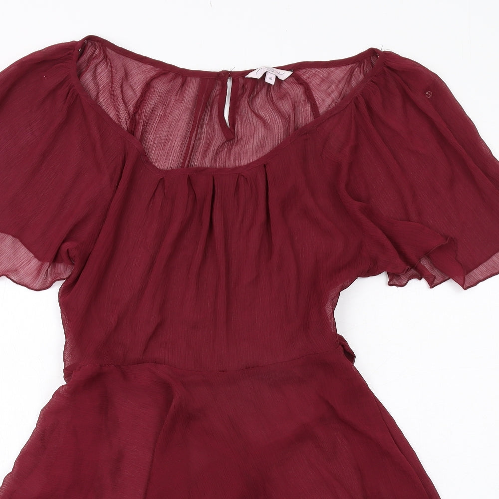 New Look Womens Red Polyester Fit & Flare Size 16 Boat Neck Zip
