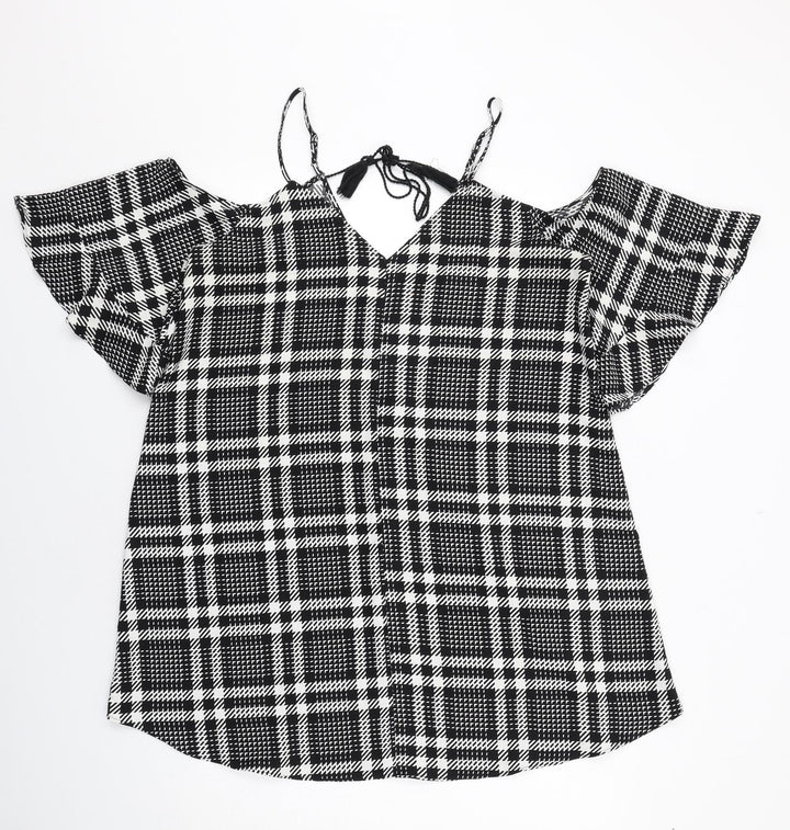 River Island Womens Black Plaid Polyester Trapeze & Swing Size 16 V-Neck Pullover - Cold Shoulder Detail