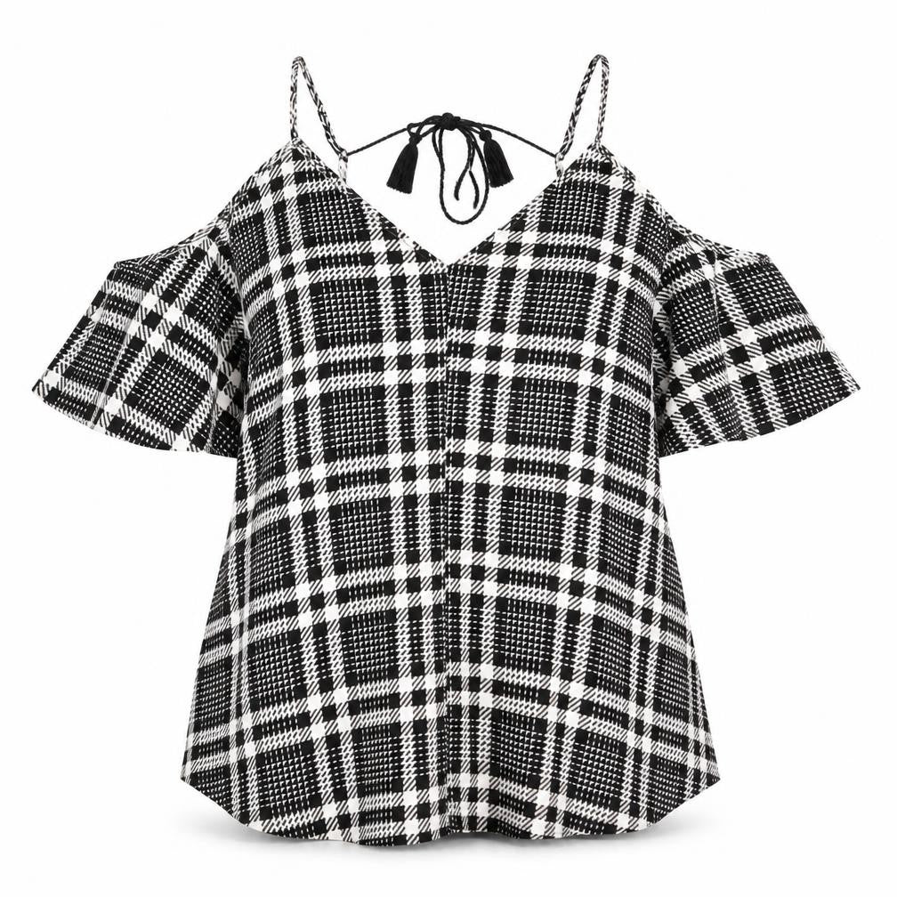 Front view of River Island women’s black plaid polyester trapeze & swing, size UK 16, v-neck pullover - cold shoulder detail