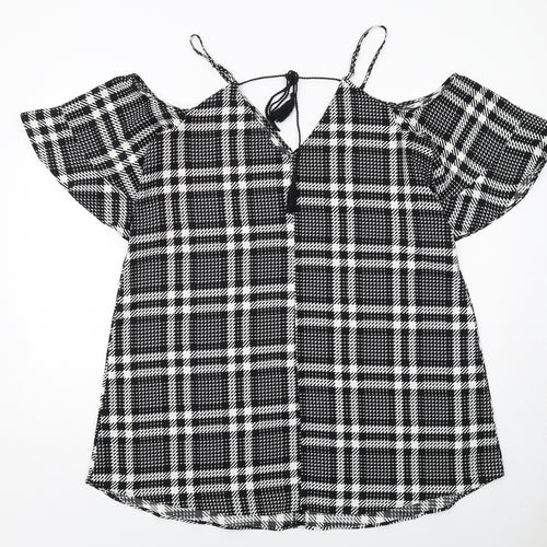 River Island Womens Black Plaid Polyester Trapeze & Swing Size 16 V-Neck Pullover - Cold Shoulder Detail