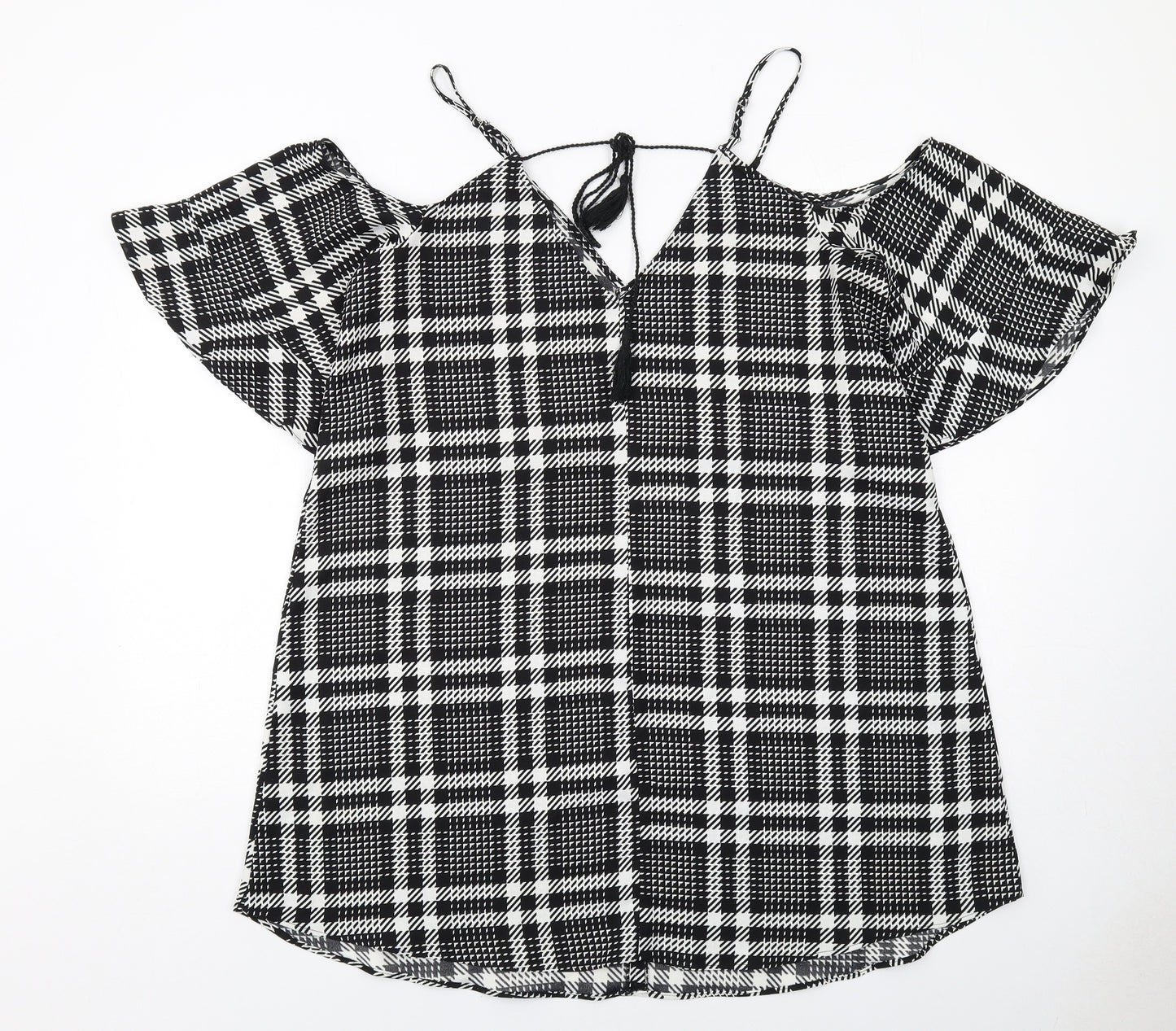 River Island Womens Black Plaid Polyester Trapeze & Swing Size 16 V-Neck Pullover - Cold Shoulder Detail