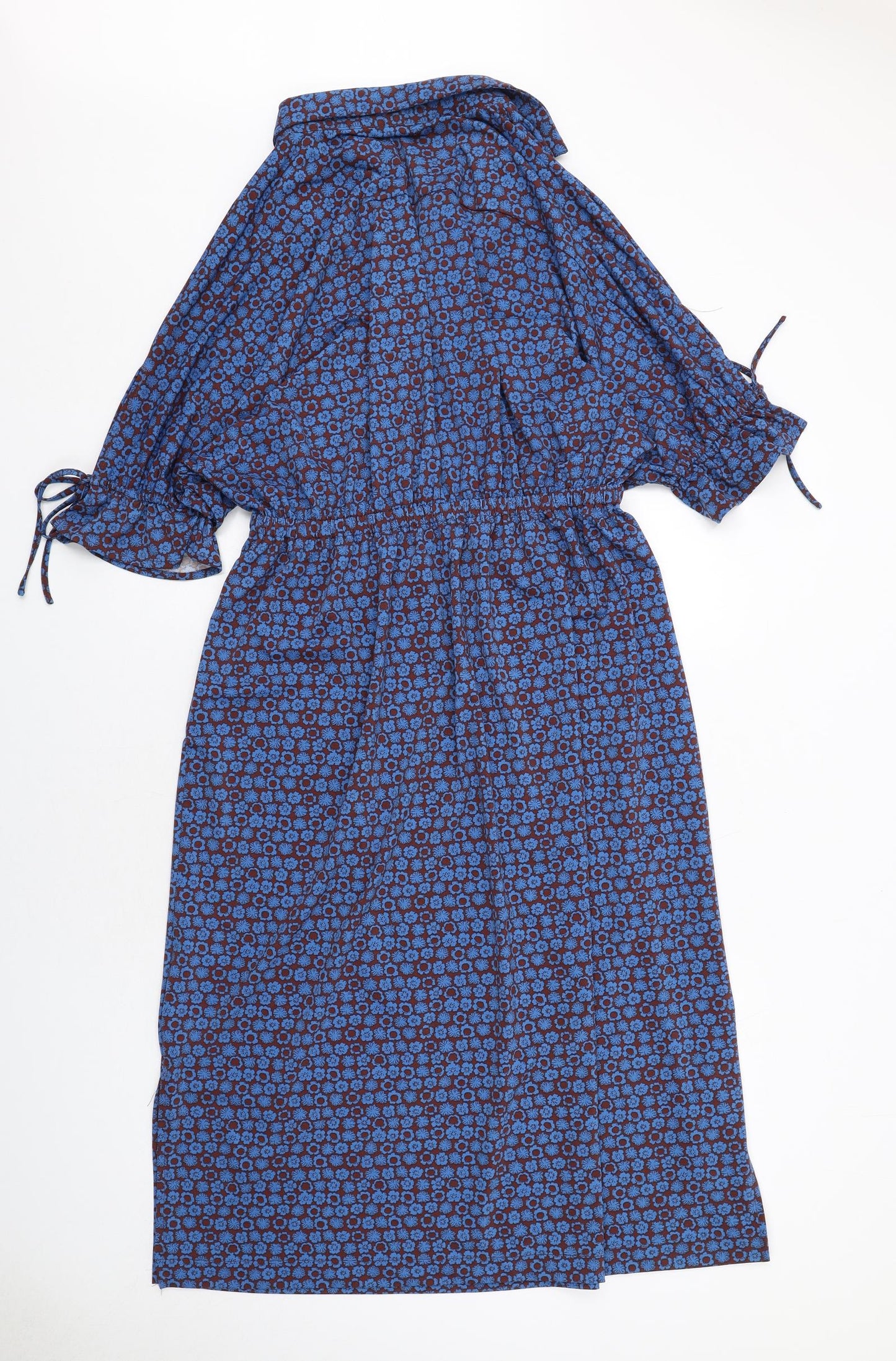 NEXT Womens Blue Geometric Polyester Shirt Dress Size 16 Collared Pullover - Tie Sleeve Detail
