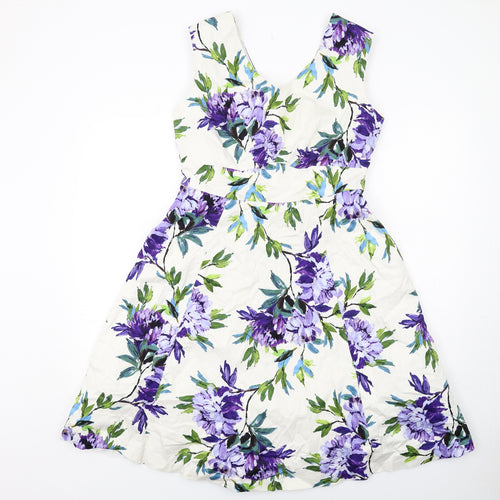 M&Co Womens Multicoloured Floral Cotton Fit & Flare Size 18 V-Neck Zip