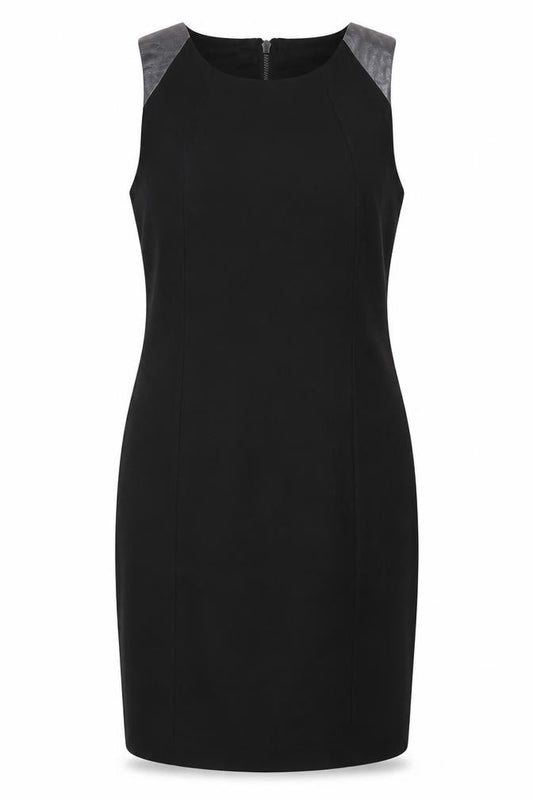 Front view of Label Lab women’s black viscose shift, size UK 12, boat neck zip