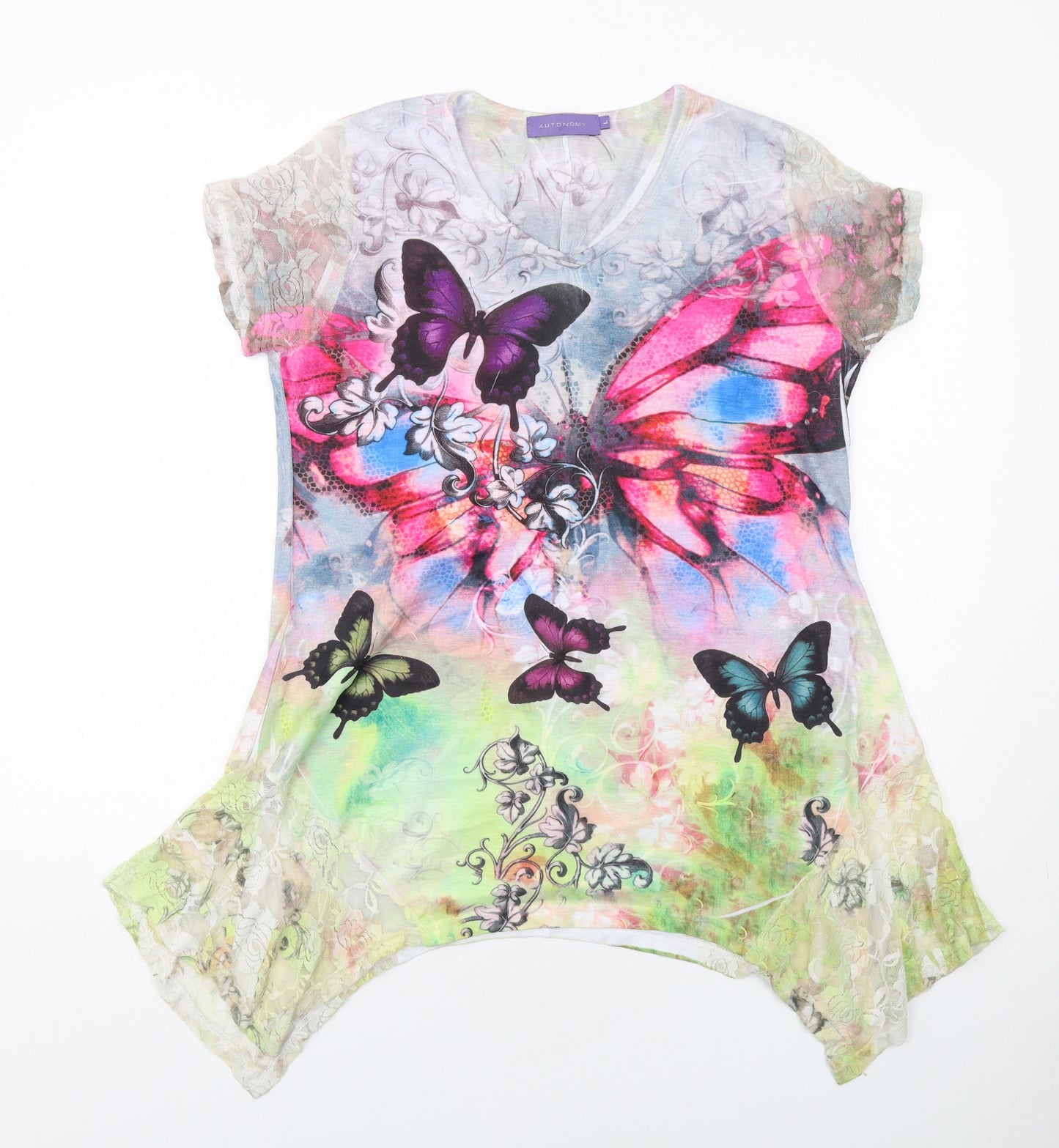 Autonomy Womens Multicoloured Geometric Polyester Basic Blouse Size L V-Neck - Butterfly Print