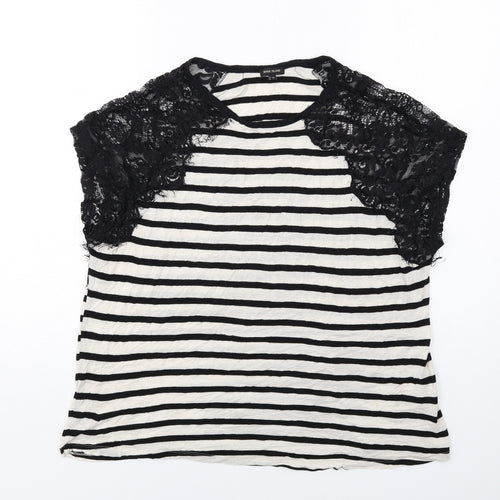 River Island Womens Black Striped Viscose Basic Blouse Size 16 Round Neck - Lace Details