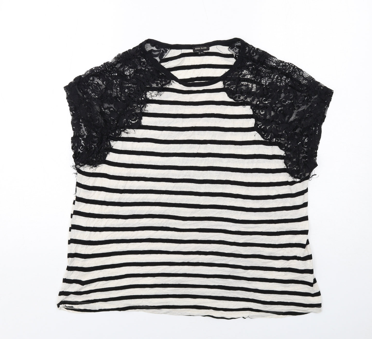 River Island Womens Black Striped Viscose Basic Blouse Size 16 Round Neck - Lace Details