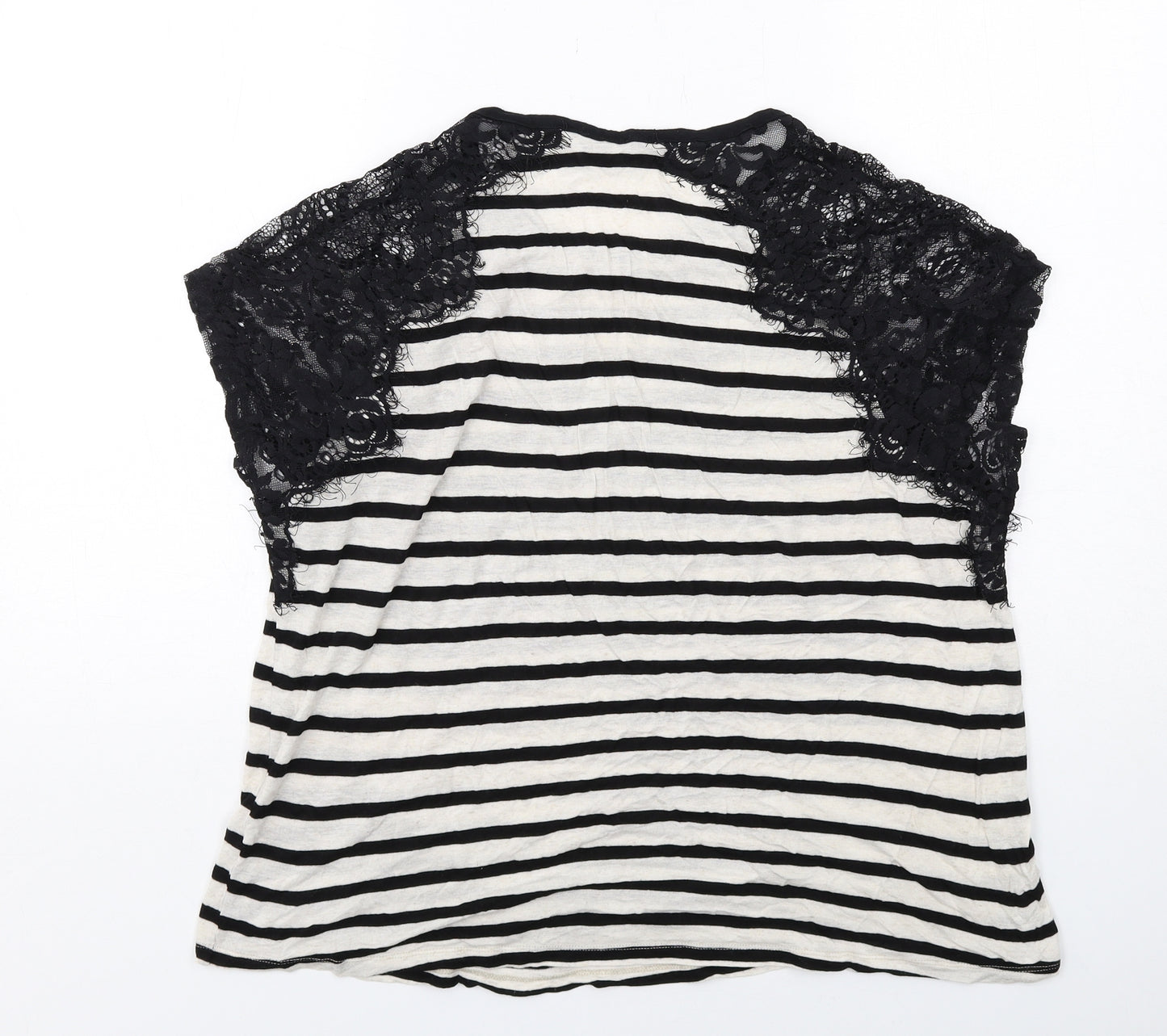 River Island Womens Black Striped Viscose Basic Blouse Size 16 Round Neck - Lace Details