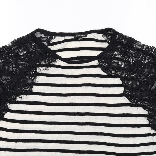 River Island Womens Black Striped Viscose Basic Blouse Size 16 Round Neck - Lace Details