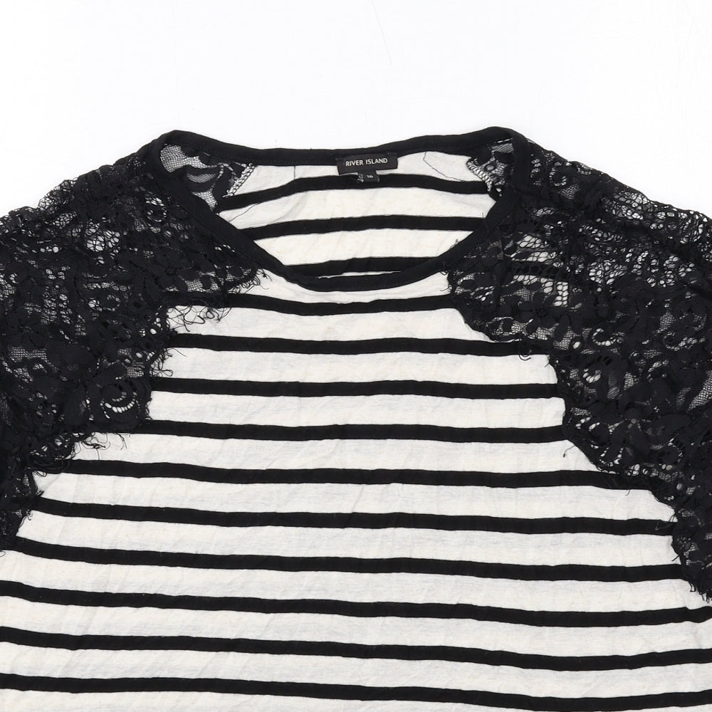River Island Womens Black Striped Viscose Basic Blouse Size 16 Round Neck - Lace Details