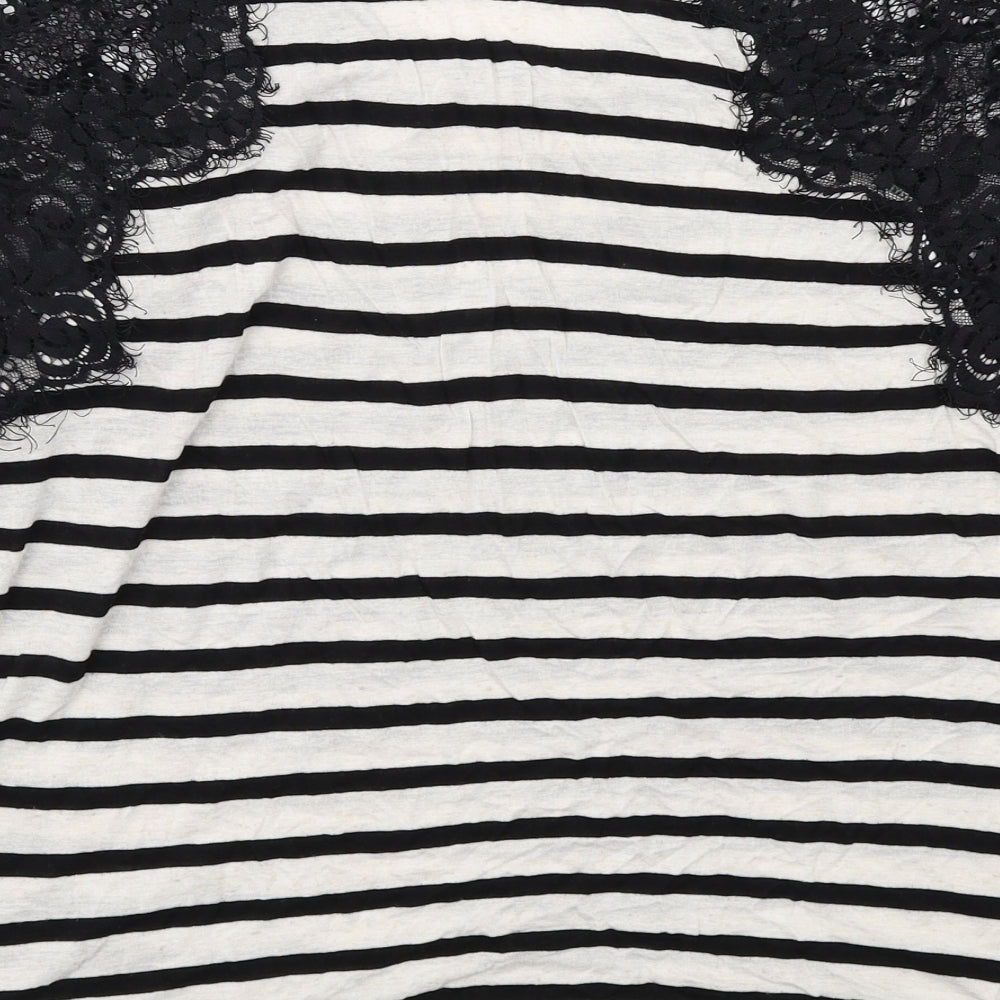 River Island Womens Black Striped Viscose Basic Blouse Size 16 Round Neck - Lace Details