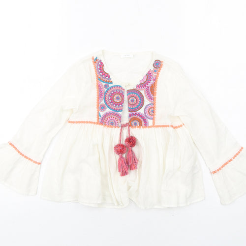 NEXT Girls Ivory Geometric Cotton Basic Blouse Size 5 Years Round Neck Button