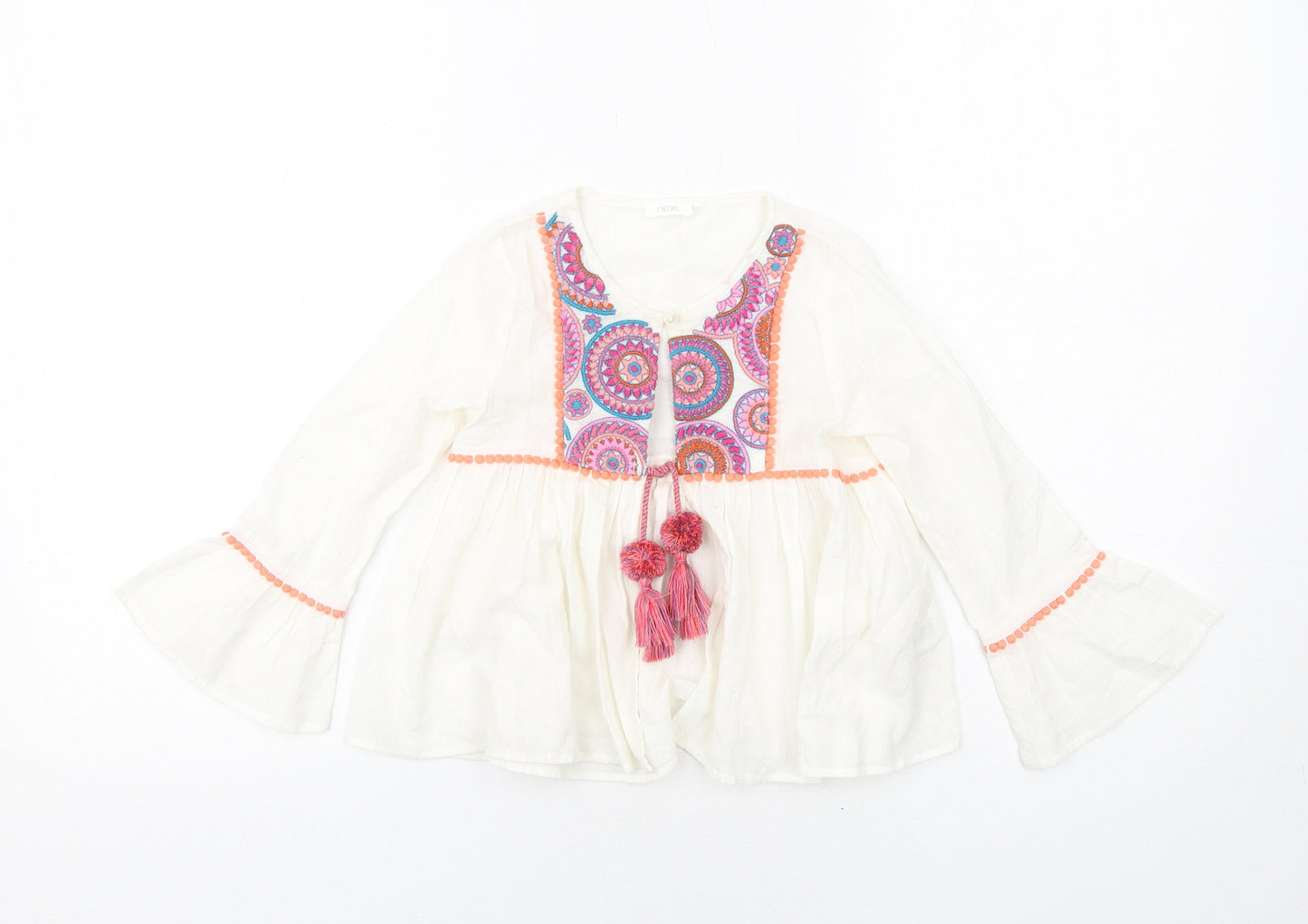 NEXT Girls Ivory Geometric Cotton Basic Blouse Size 5 Years Round Neck Button