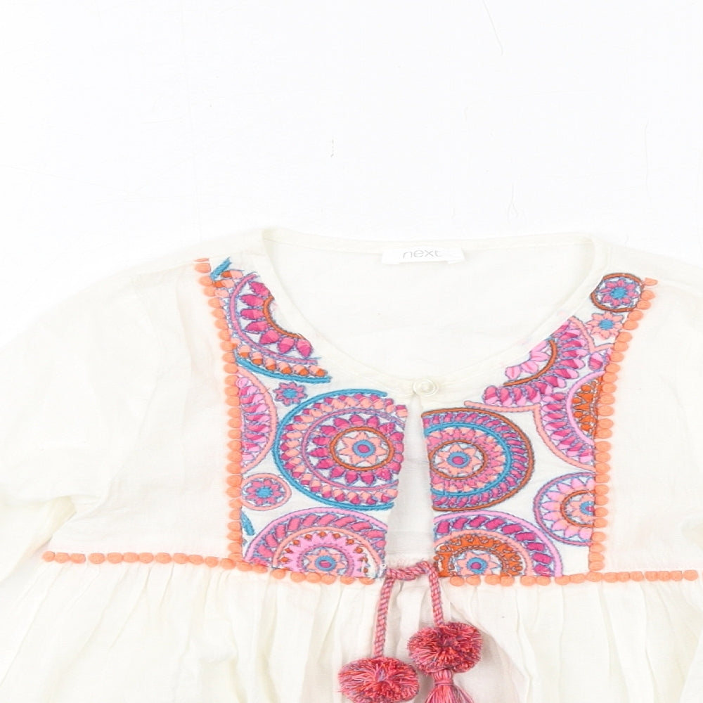 NEXT Girls Ivory Geometric Cotton Basic Blouse Size 5 Years Round Neck Button