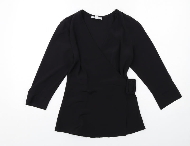 Topshop Womens Black Polyester Basic Blouse Size 6 Round Neck
