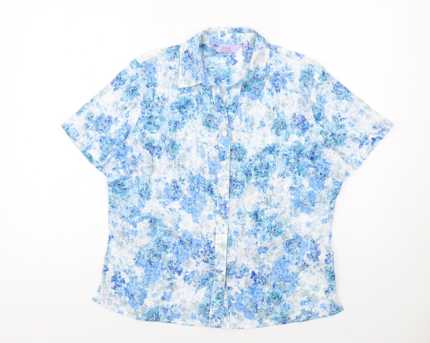 EWM Womens Blue Geometric Polyester Basic Button-Up Size 10 Collared