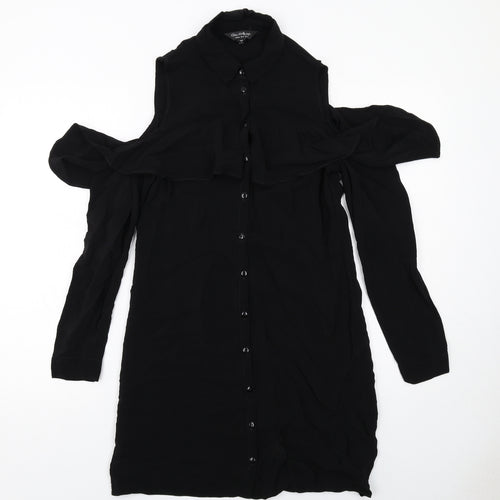 Miss Selfridge Womens Black Viscose Shirt Dress Size 8 Collared Button - Cold shoulder