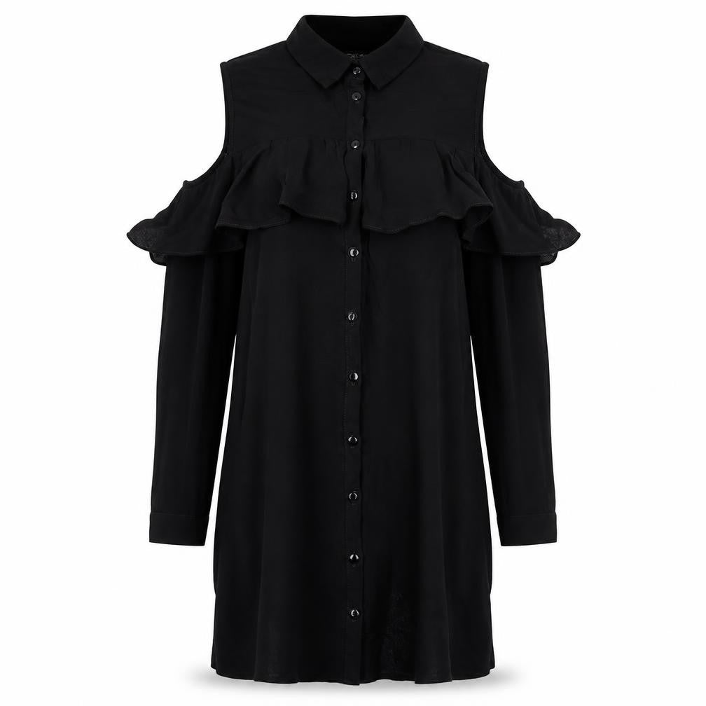 Miss Selfridge Womens Black Viscose Shirt Dress Size 8 Collared Button - Cold shoulder