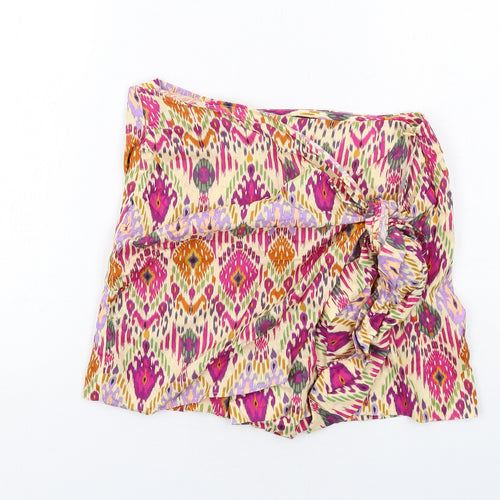 Zara Womens Multicoloured Geometric Cotton Skort Size M Regular Zip - Tie Front Detail