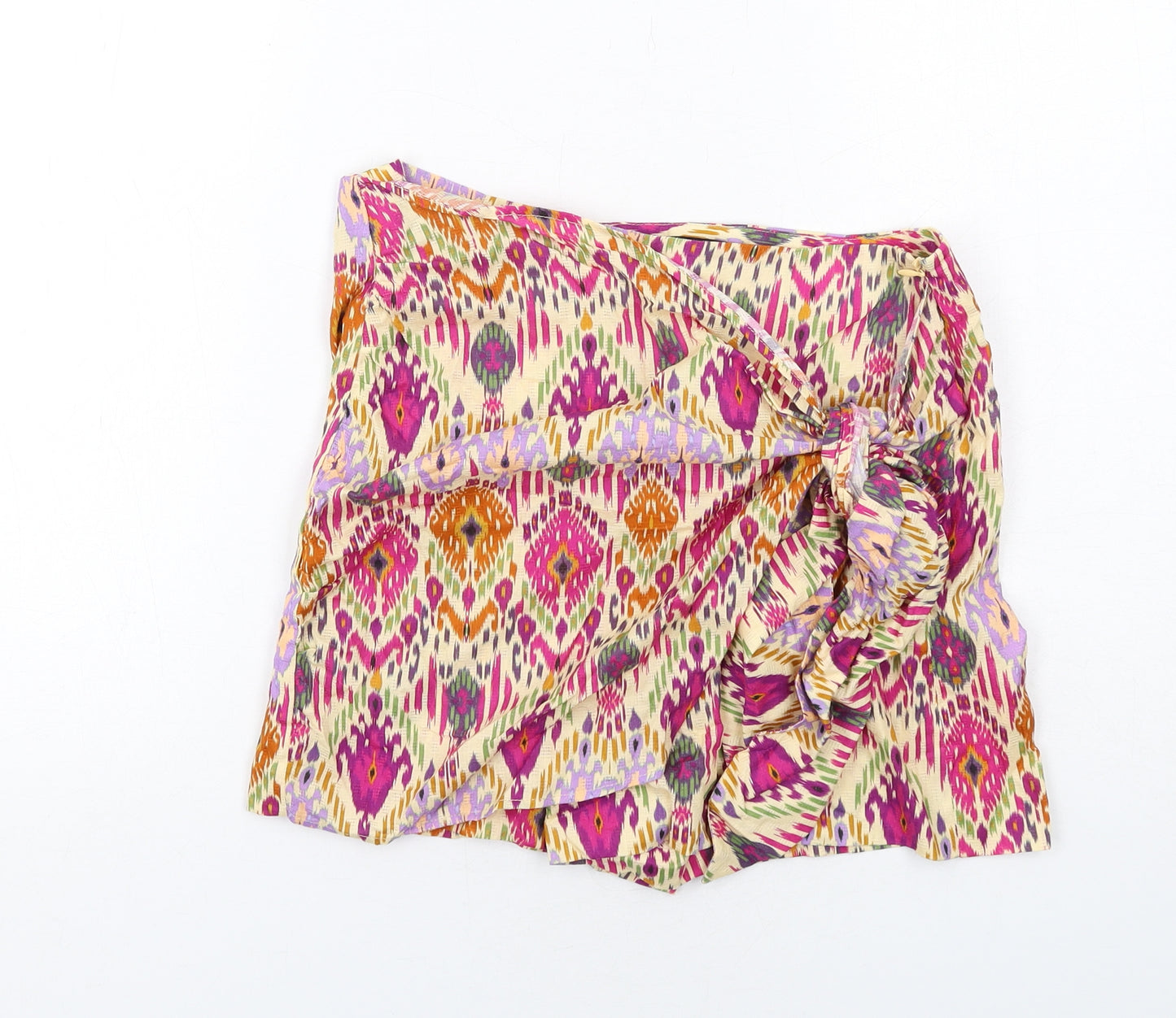 Zara Womens Multicoloured Geometric Cotton Skort Size M Regular Zip - Tie Front Detail