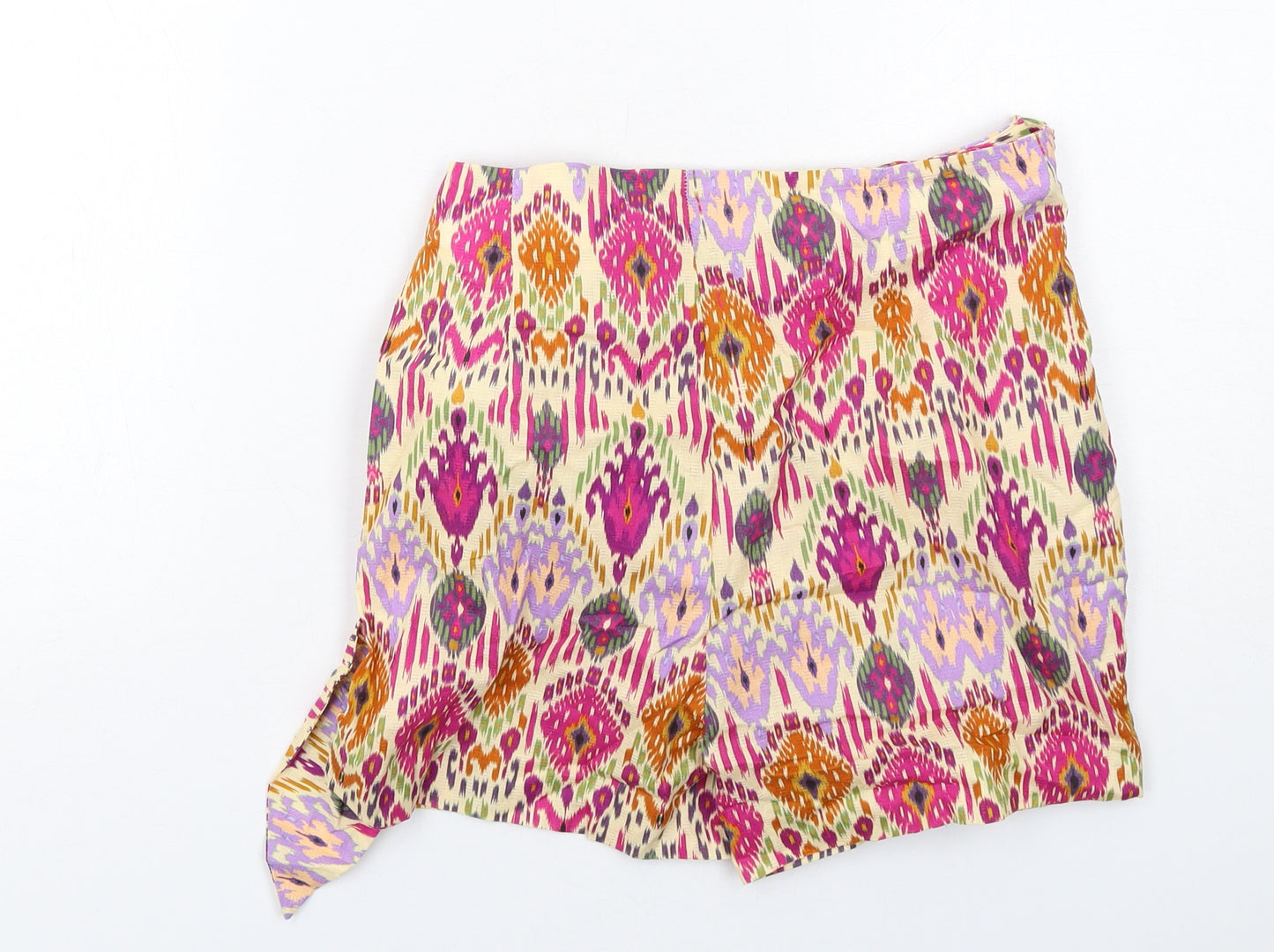 Zara Womens Multicoloured Geometric Cotton Skort Size M Regular Zip - Tie Front Detail