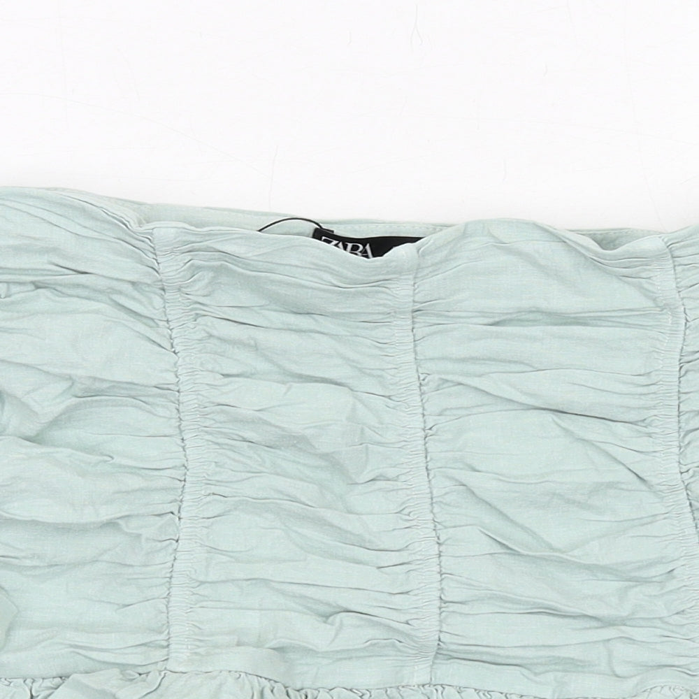 Zara Womens Green Linen Skater Skirt Size S Zip