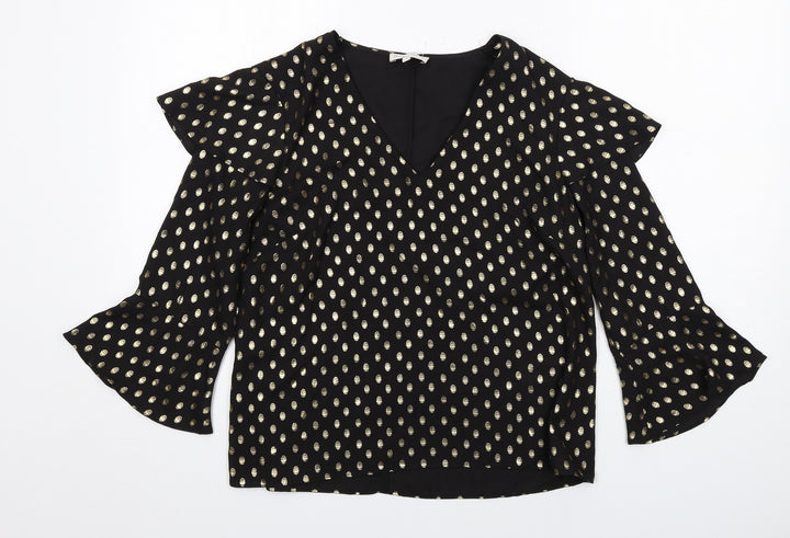 Warehouse Womens Black Polka Dot Polyester Basic Blouse Size 12 V-Neck