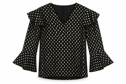 Front view of Warehouse women’s black polka dot polyester basic blouse, size UK 12, v-neck
