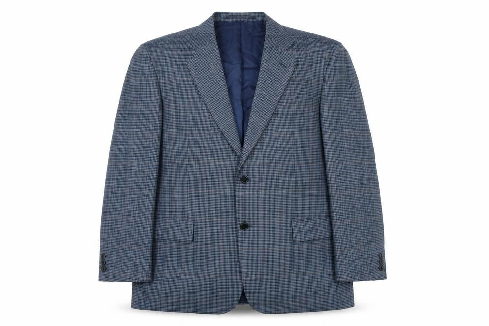 Front view of Marks & Spencer men’s blue geometric wool jacket suit jacket, size 44, regular