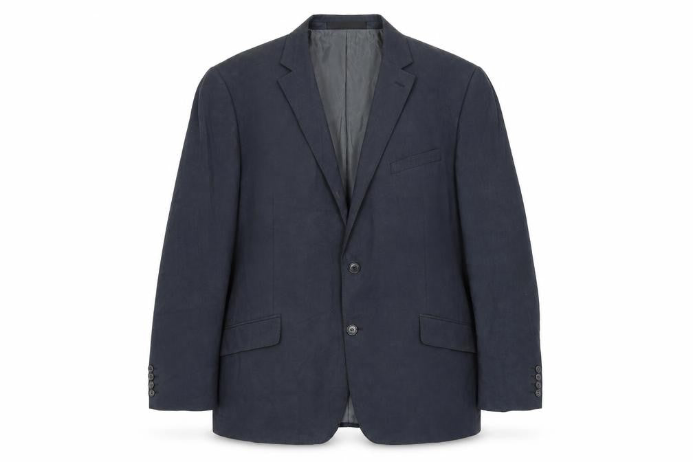 Front view of Marks & Spencer men’s blue polyester jacket suit jacket, size 46, regular