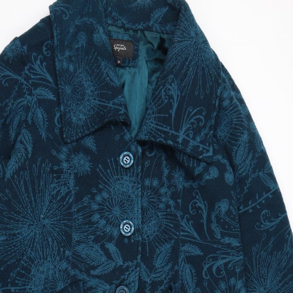 Per Una Womens Blue Paisley Pea Coat Coat Size 16 Button