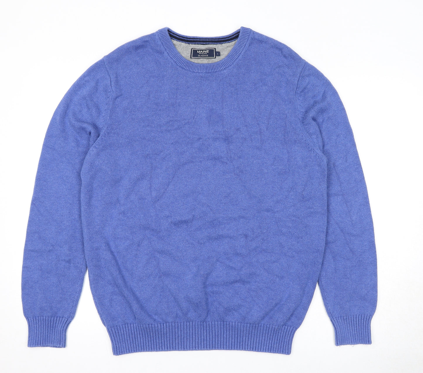 Maine Mens Blue Round Neck Cotton Pullover Jumper Size L Long Sleeve
