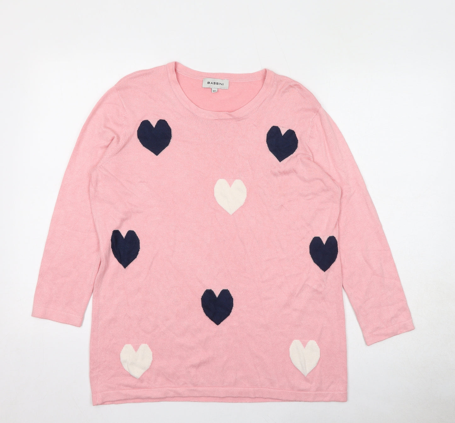 BASSINI Womens Pink Round Neck Geometric Viscose Pullover Jumper Size M - Heart