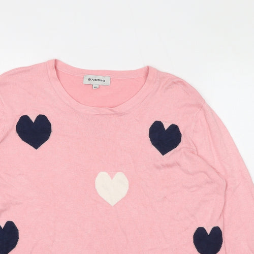 BASSINI Womens Pink Round Neck Geometric Viscose Pullover Jumper Size M - Heart